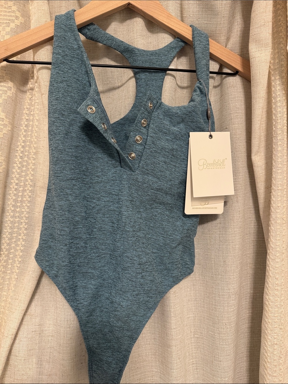 NWT discontinued Bombshell sportswear blue Heather thong bodysuit XS